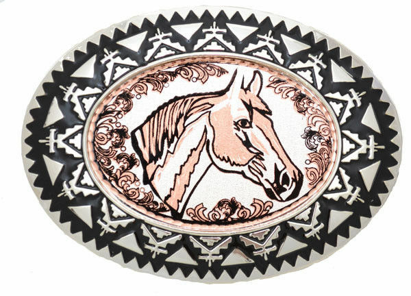 Copper Belt buckle Horsehead with Filigree 3 1/2  » x 2 1/2&Prime;