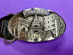 Paris Sucks! Blue Moon Creations Silver Tone Funny Tourist Gift Belt Buckle