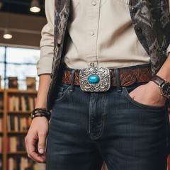 NEW Men Women Antique Silver Metal Ethnic Belt Buckle Turquoise Filigree Western