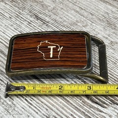 Vintage Wisconsin Belt Buckle ~ 1970’s Hand Made Wood Inlay WI State Outline “T”