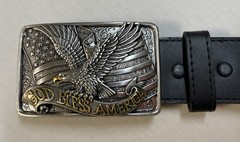 Patriotic Buckle & Black Bonded Leather Belt Sz 44 God Bless America Eagle Flag