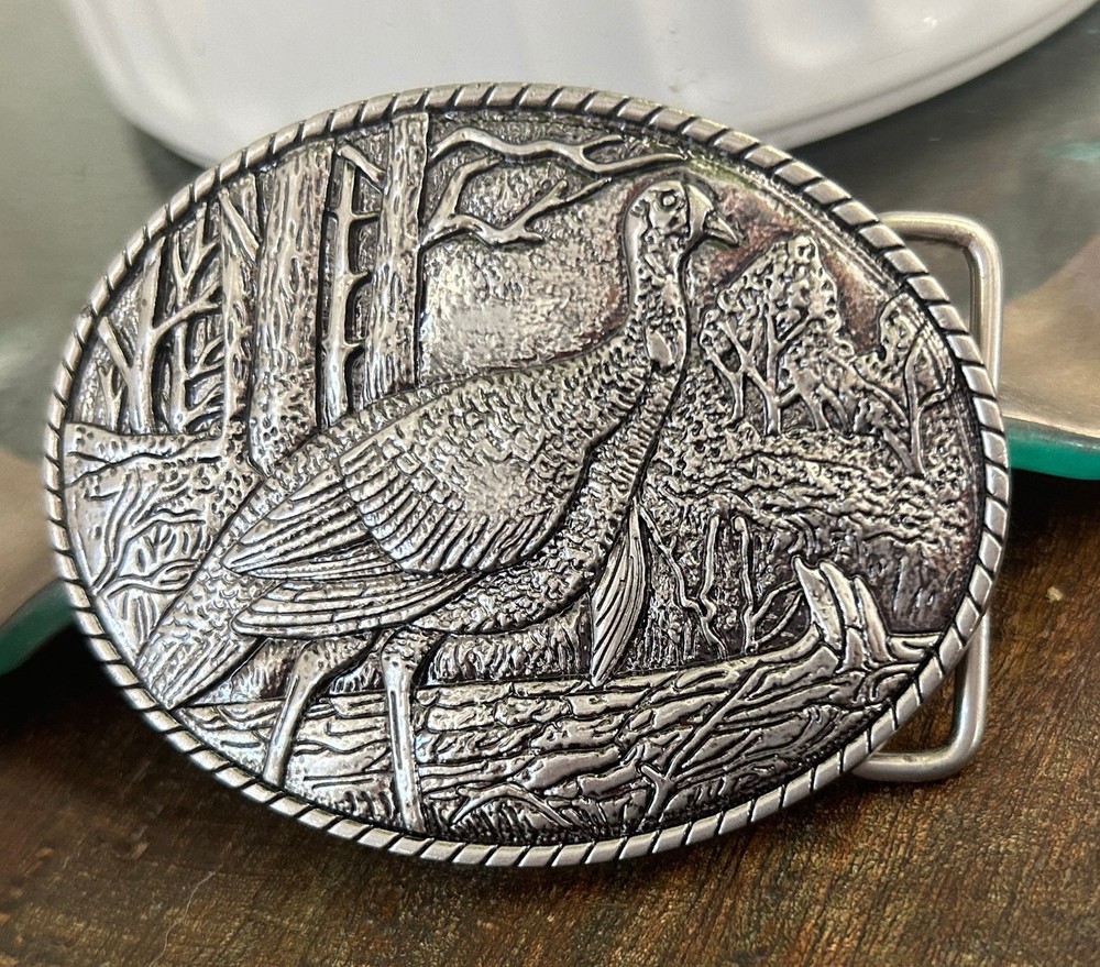 Silver Turkey Belt Buckle Engraved Hunting Scene Made in USA Western Cowboy