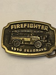 Vintage Firefighter 1910 Seagrave Fire Truck Belt Buckle Solid Brass BTS MadeUSA