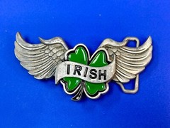 Irish Lucky Four 4 Leaf Clover W/ Wings Cutout Green & Silver Belt Buckle