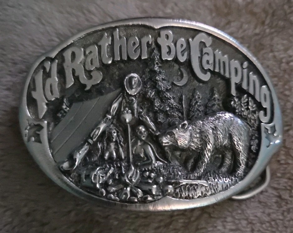 I&rsquo;d Rather Be Camping Belt Buckle Vintage 1982 Great American Buckle Company