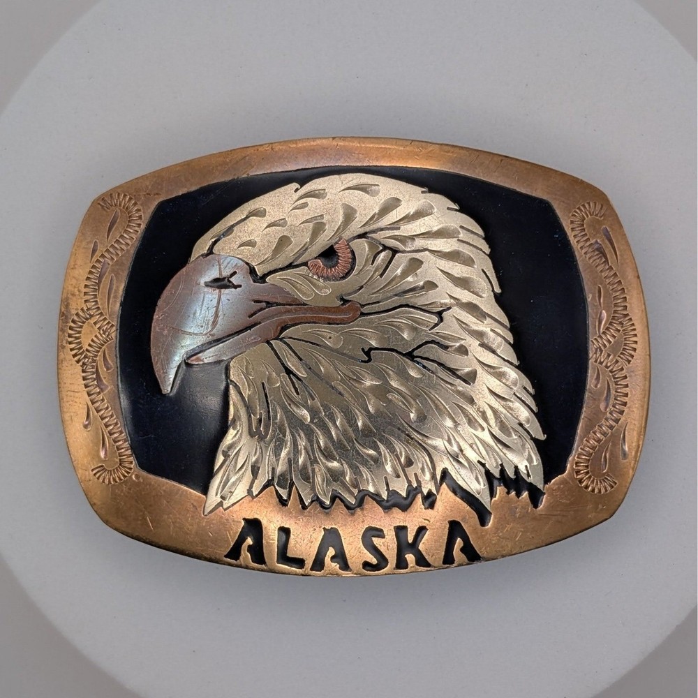 Vintage Alaska Bald Eagle Belt Buckle Handcrafted USA Mixed Metal Western 2.5&Prime;