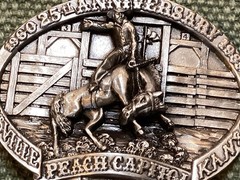 Western Belt Buckle Peach Capitol Rodeo 25th Kansas Rare 3D Cowboy Bronco Chute