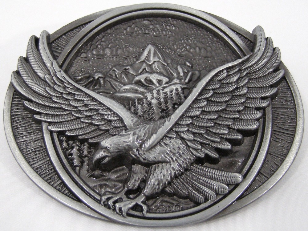 BELT BUCKLES Soaring Flying Eagle Mountains Ant. Silver Gray Oval Patriotic NWOT