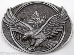 BELT BUCKLES Soaring Flying Eagle Mountains Ant. Silver Gray Oval Patriotic NWOT