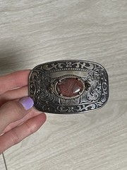 VTG Western Country Silver Tone Rhodochrosite Stone Belt Buckle 3.25&Prime; x 2&Prime;