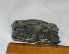 Railroads Built America 3×2.25in Locomotives pewter buckle Siskiyou Made in USA