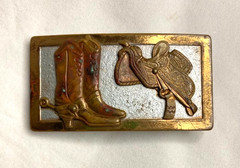 Very Rare Vintage Western Brass Saddle & Buckaroo Boots Cowboy Belt Buckle