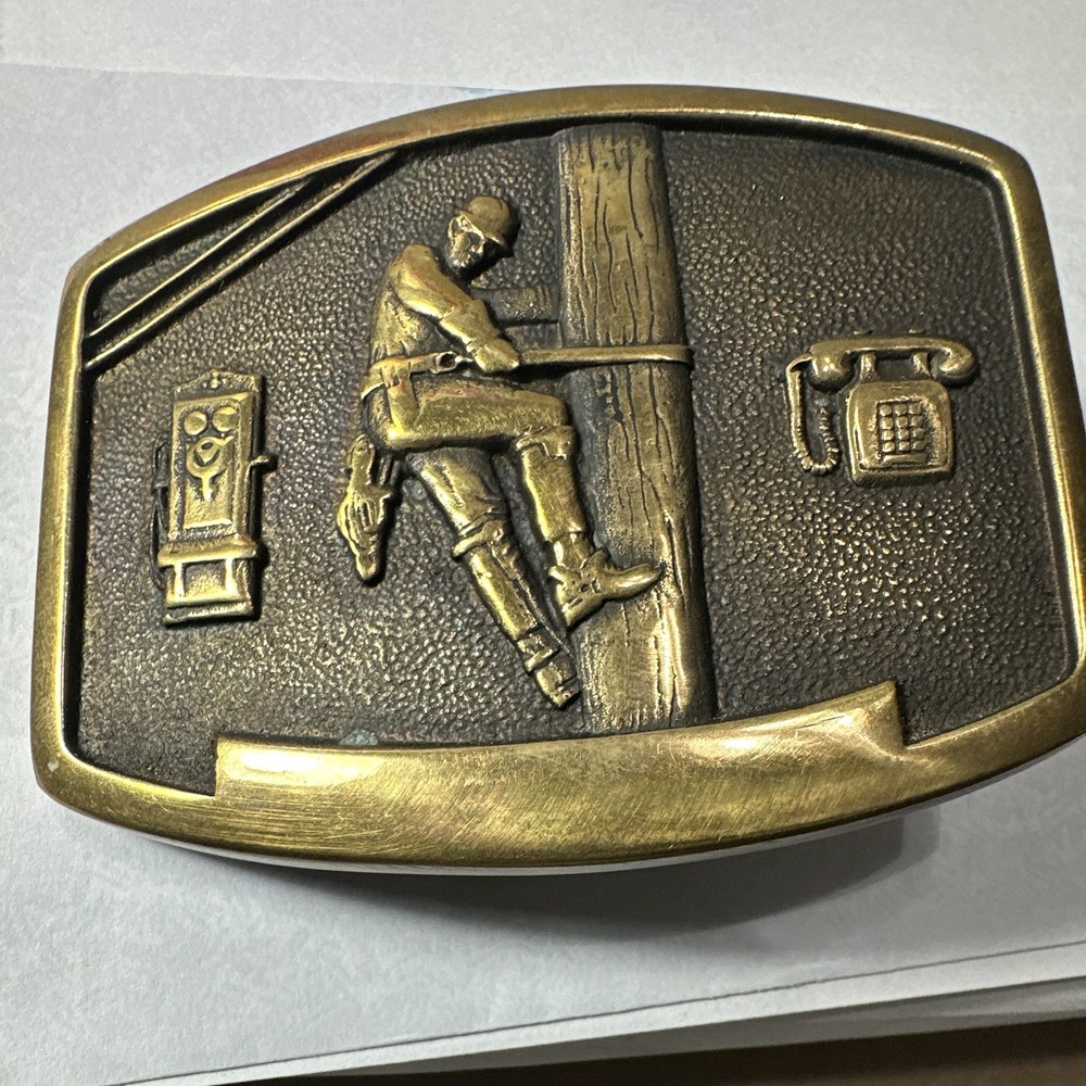 Solid Brass Mens Western Belt Buckle Lineman Telephone Utility Figural 1.5in