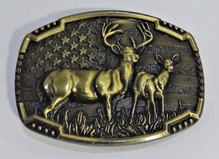 Buck Deer On American Flag Belt Buckle Gold Bronze USA Patriotic America Western
