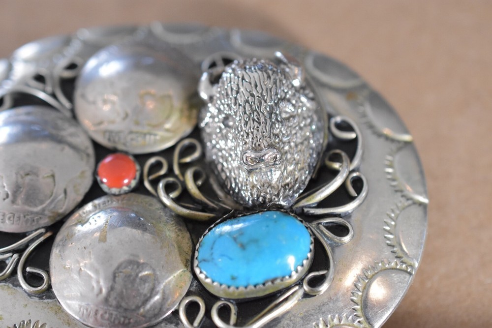 VINTAGE INDIAN BUFFALO HEAD NICKEL FIVE CENT TURQUOISE CORAL BELT BUCKLE