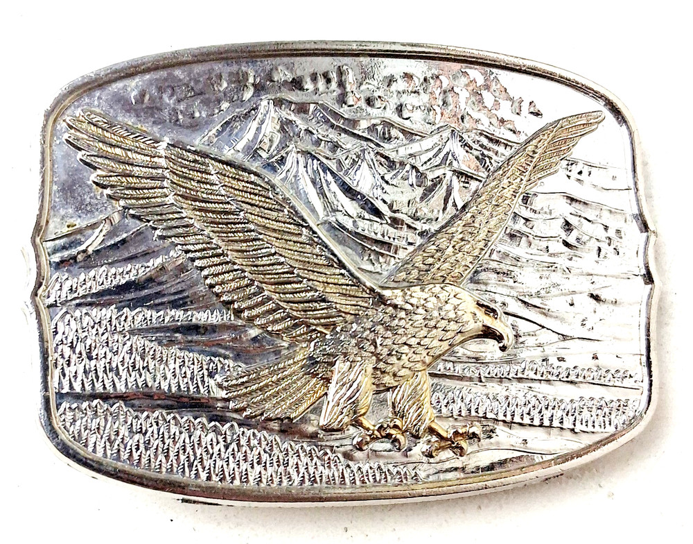 Vintage Metal Flying Eagle with Mountains Two Toned Western Style Belt Buckle