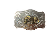 Vintage Western Style Chrome Belt Buckle with Applied Brass Bucking Bronco Horse