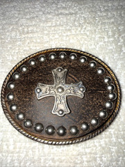 Western Cross Leather Belt Buckle Studded Engraved Oval Made In Spain 2.7 in