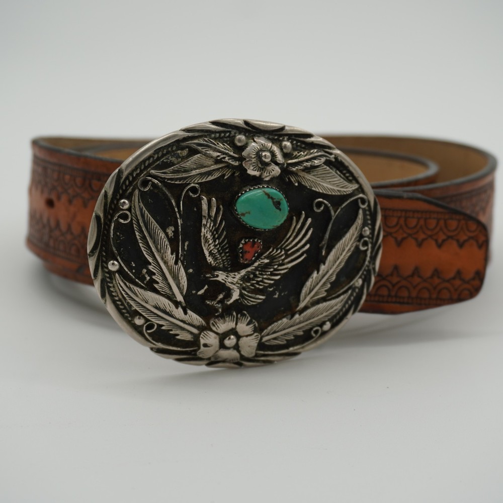 S.S.I Native American Eagle Floral Belt Buckle With Turquoise And Coral Stone
