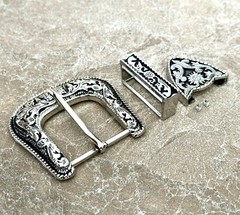 Western 3-Piece Belt Buckle Set Floral Engraved Silver Metal Cowboy Rodeo Style