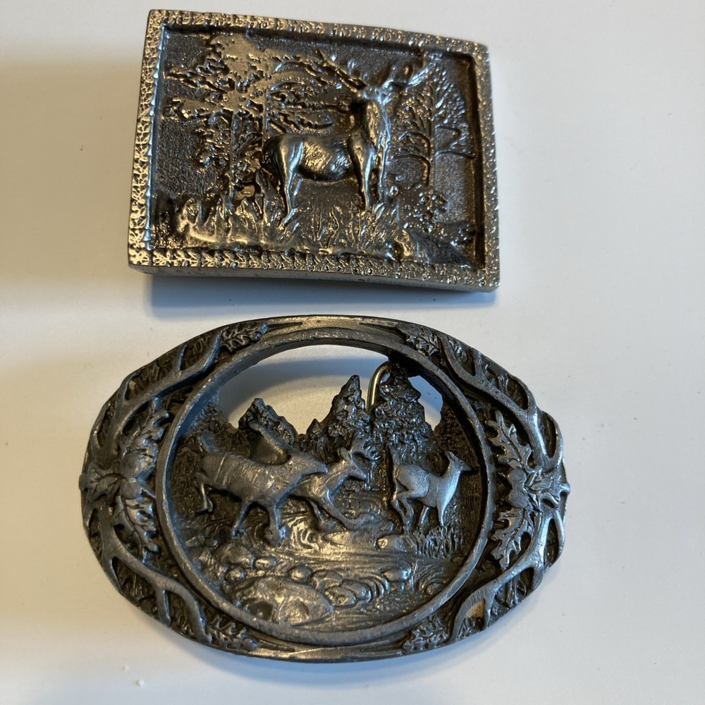 Set of 2 Vintage HEAVY PEWTER DEER SCENE AND ANTLER BELT BUCKLES MADE IN USA