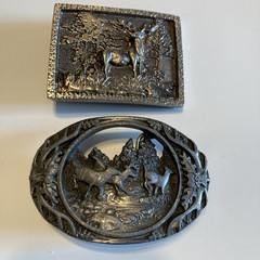 Set of 2 Vintage HEAVY PEWTER DEER SCENE AND ANTLER BELT BUCKLES MADE IN USA