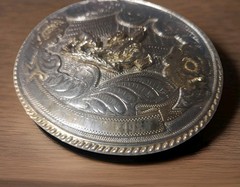 Vintage 1988 Silver and Gold toned Belt Buckle Rider & Horse 4.5&Prime; x 3.5&Prime;