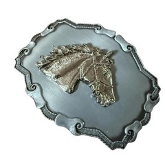 Vintage Horse Head Western Pewter Belt Buckle Raintree Made In USA 70s
