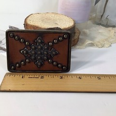 Brass Leather & Studs Belt Buckle~Brown/ Gold Handcrafted ~UNIQUE ~FREE SHIPPING