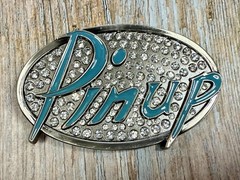 Pinup Girl – Blue Lettering Fashion Statement Novelty Jeweled Oval Belt Buckle