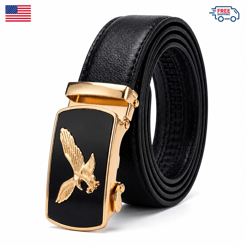 Men Eagle Buckle Belt Automatic Ratchet PU Leather Adjustable Black