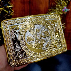 Centenario Cowboy Belt Buckle Western Hebilla Rodeo Silver & Gold Faux 50 Peso