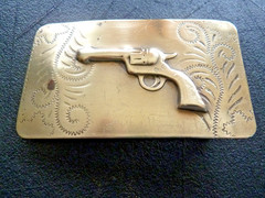 Vintage Western Brass Belt Buckle Embossed Revolver Gun Pistol Solid Bar RARE