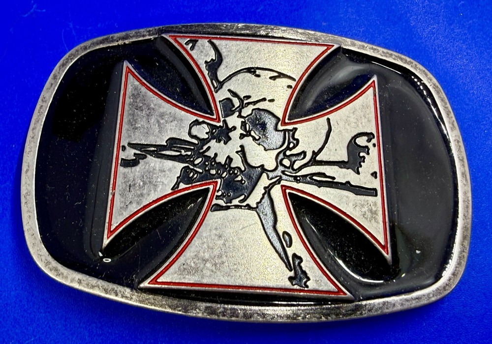 Maltese Iron Cross with Skull Cutout Black Enamel Gothic Punk Vibe Belt Buckle