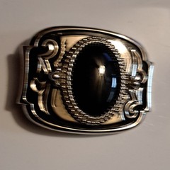 Western Ornate Silver Belt Buckle with Black Stone Accent, Antique Finish