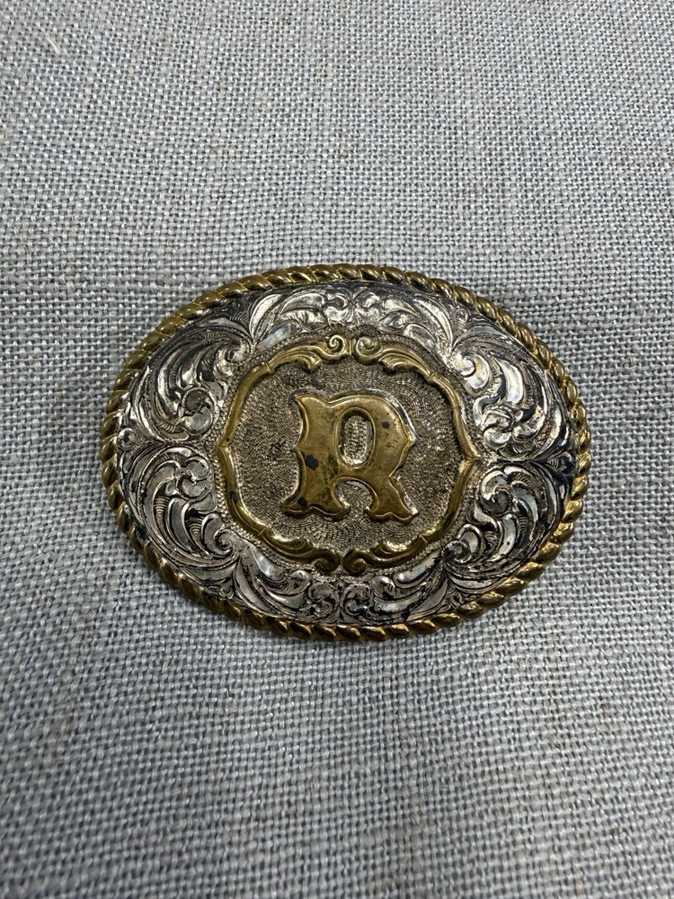 Vintage Crumrine Initial R Western Belt Buckle Silver Plate Bronze USA