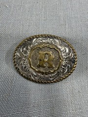 Vintage Crumrine Initial R Western Belt Buckle Silver Plate Bronze USA
