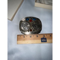 Vintage Bicentennial Eisenhower Silver Dollar Belt Buckle Turquoise Coral Stone