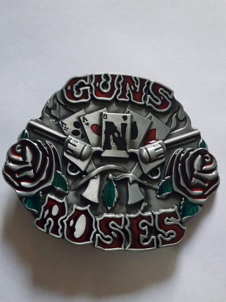 Belt Buckle &lsquo;Poker Gun & Roses &lsquo; Size: 7.5cm x 6.5cm Suits 4cm Belt Width