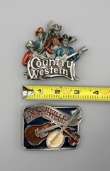 2 Vtg USA Made Brass Belt Buckles Nashville Country Music Western Guitar Fiddle