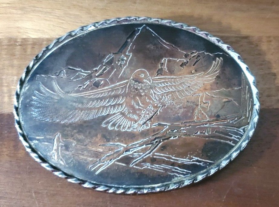 Belt Buckle Flying Eagle w/Fish W Mark Made In USA Oval 3 3/4&Prime; x 2 1/2  » VTG