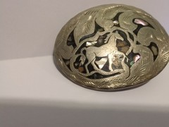 Vtg Mexico Western Horse Belt Buckle Handmade Silver Tone Inlaid Ablone Shell 3&Prime;