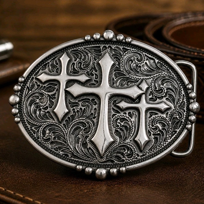 Triple cross zinc alloy belt buckle religious 3.54 in X 2.72 in. western gothic