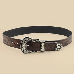 Vintage Carved Buckle Belt for Women Men – Brown Textured Floral Print