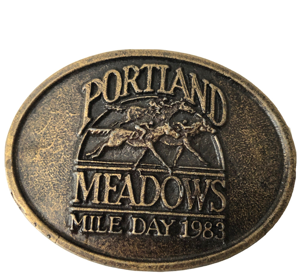 Vintage 80s Portland Meadows Mile Day Western Belt Buckle Horse Racing Bronze