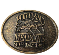 Vintage 80s Portland Meadows Mile Day Western Belt Buckle Horse Racing Bronze