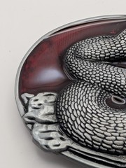 Rattlesnake Belt Buckle Coiled Snake Red Enamel Pewter Tone Western