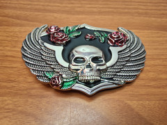 Winged Skull with Roses Metal Enamel Belt Buckle Silver Black Red fits 1.5&Prime; Belt