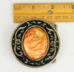 Orange Stone gold tone floral scroll round belt buckle western style