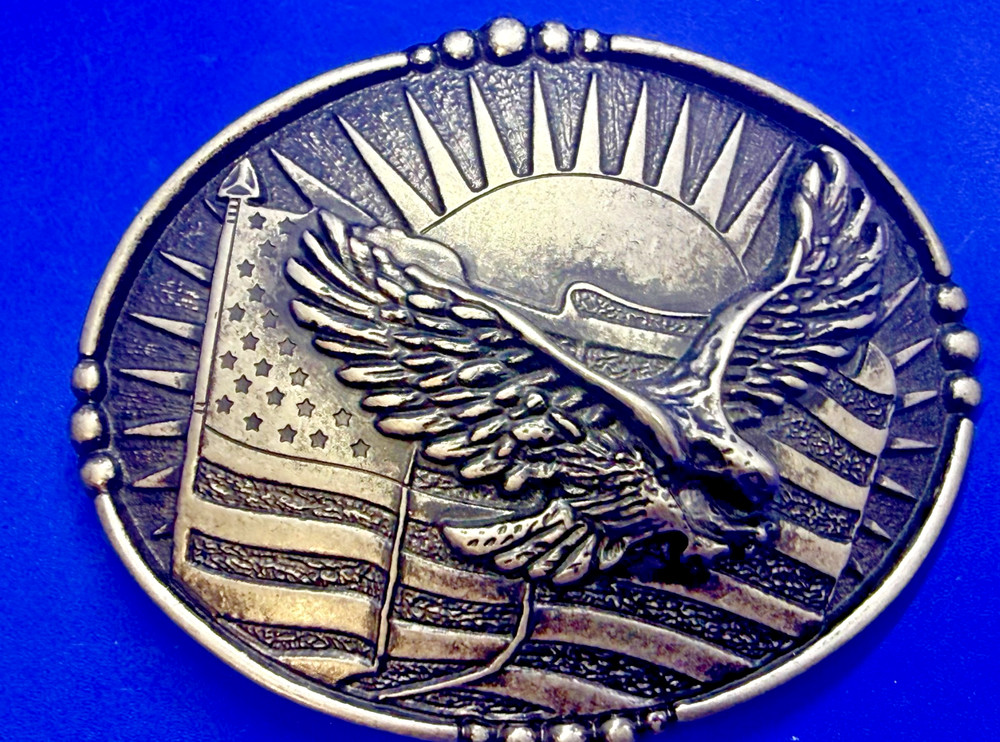USA American Eagle Soaring Over Flag Sunrise Sunshine Patriotic Belt Buckle